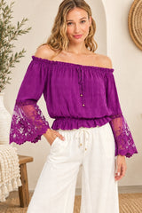 Lace Bell Sleeve Off Shoulder Blouse - Orchid Magenta