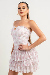 Flocking Mesh Print w/ Pearl String Ruffle Hem Mini Dress - Pink