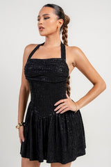 Sequin Halter Corset Flare Mini Dress - Black