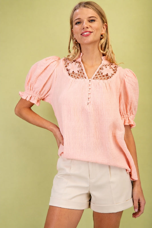 Peach Blouse Embroidered Yoke Ruffle Sleeves - Peach