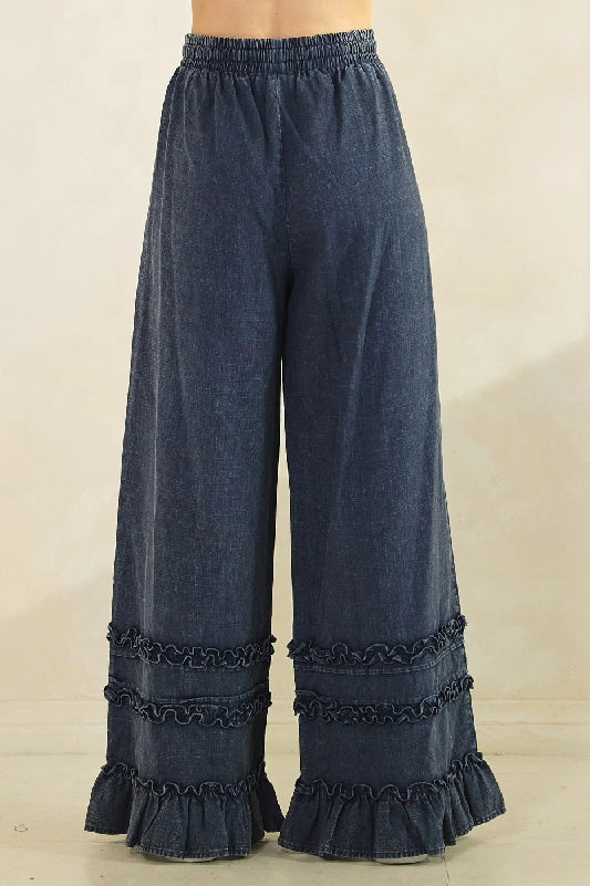 Mittoshop Mineral Wash Ruffle Trim Wide Leg Pants - Blueberry