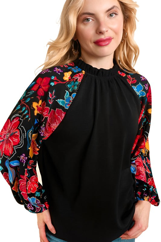 Frilly Mock Neck Top Floral Sequin Print - Black