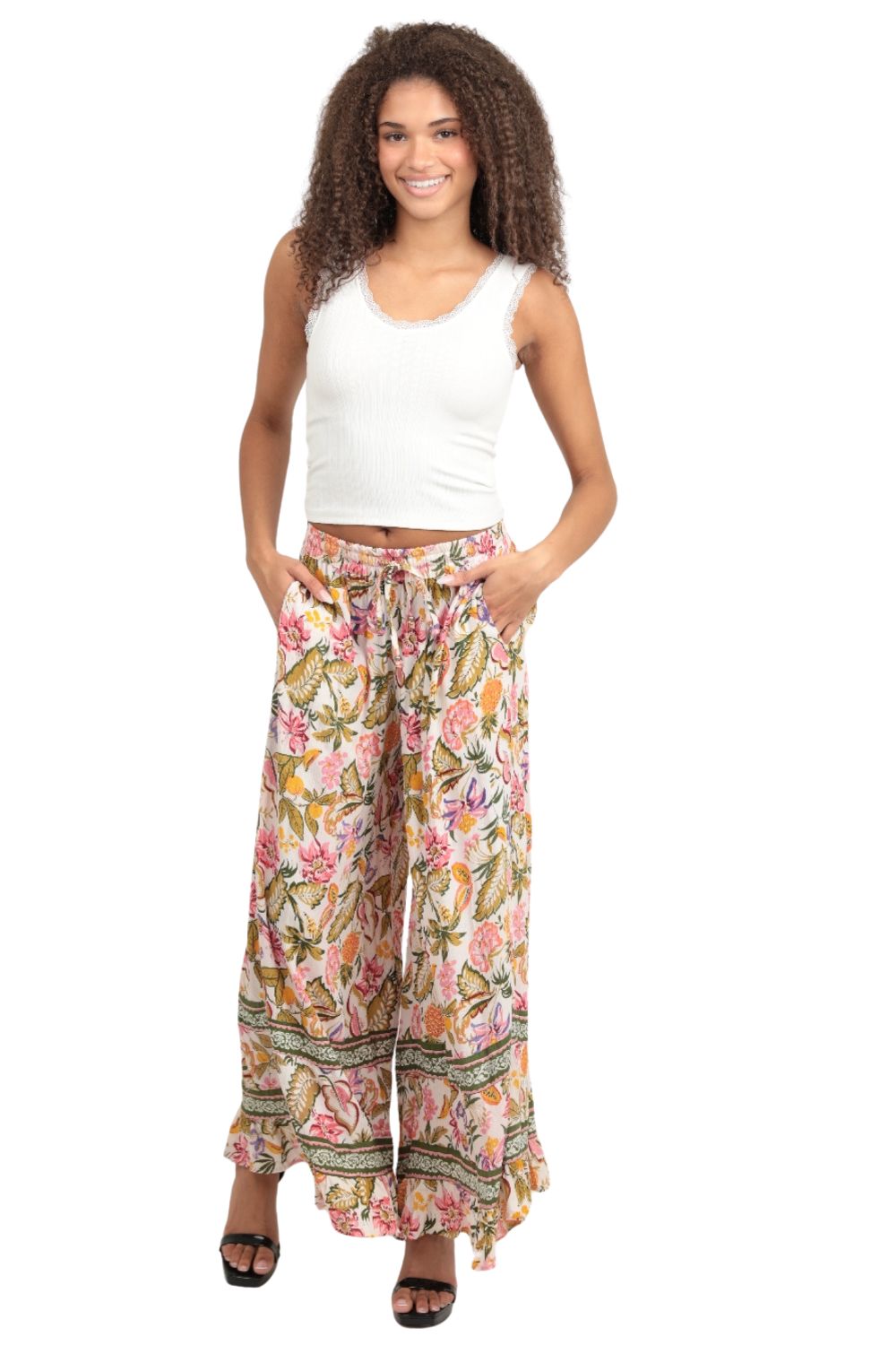 Angie Tropical Beach Babe Wide Pants - Ivory
