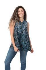 Floral Print Embroidered Babydoll Blouse - Black Blue