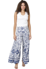 Angie Blue Border Flower Ruffle Hem Pants - Ivory/Blue
