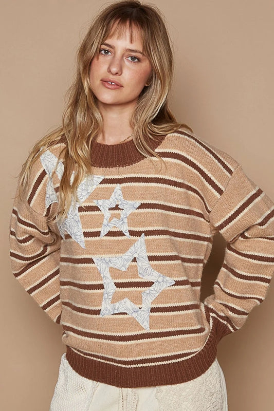 POL Star Gazer Patch Stripe Sweater - Brown Stripe