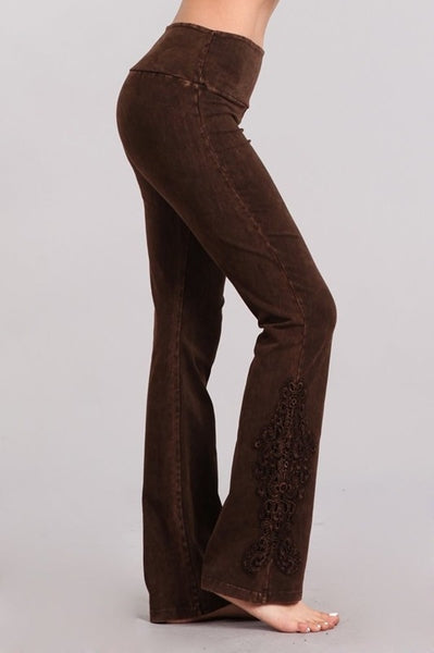 Chatoyant Slim Bootcut Crochet Lace Detail Soft Pants - Desert Taupe or Brown