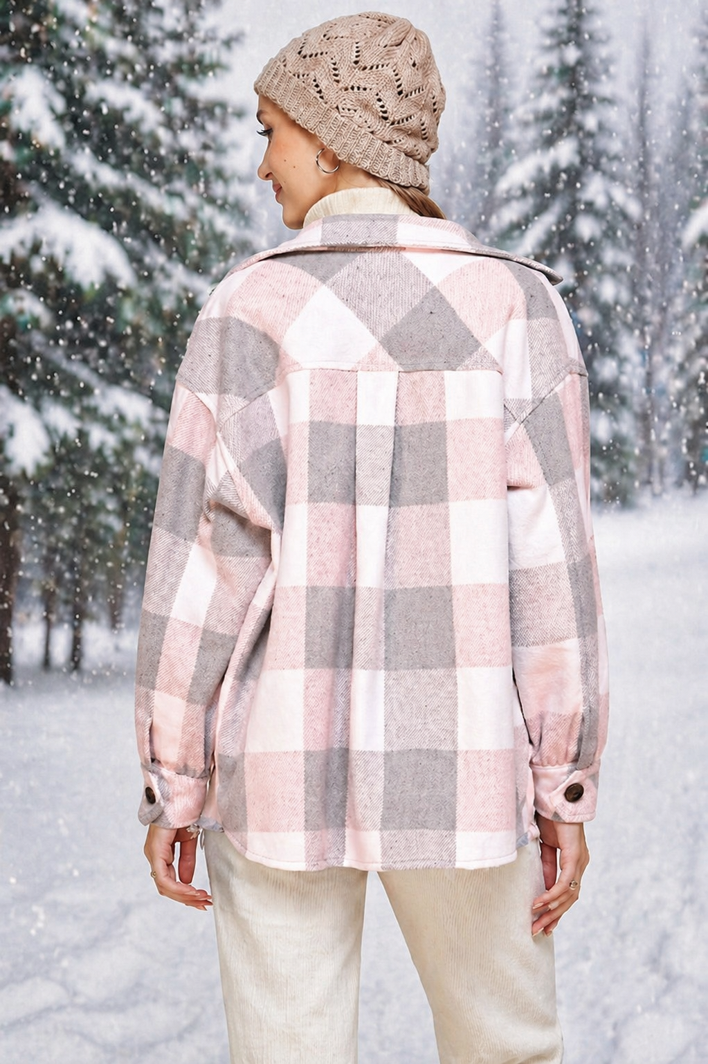 Lime N Chili Plaid Shacket Flannel Lined Coat - Pink/Gray