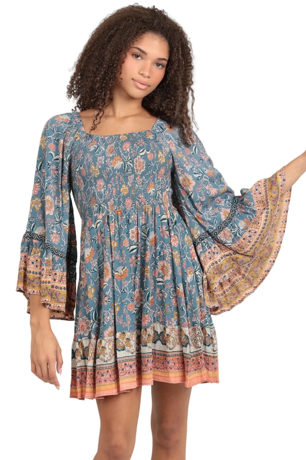 Angie Bohemian Floral Bell Sleeve Mini Dress - Blue