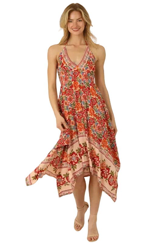 Angie Women's Midi V-Neck Halter Dress with Hanky Hem