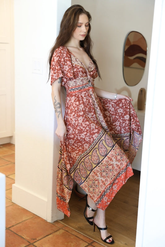 Angie Taisha Floral & Paisley Handkerchief Dress - Rust