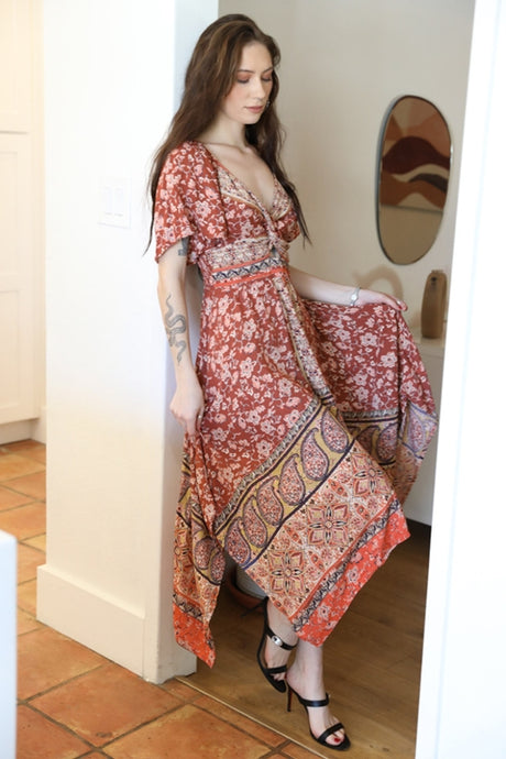 Angie Taisha Floral & Paisley Handkerchief Dress - Rust