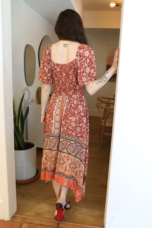 Angie Taisha Floral & Paisley Handkerchief Dress - Rust