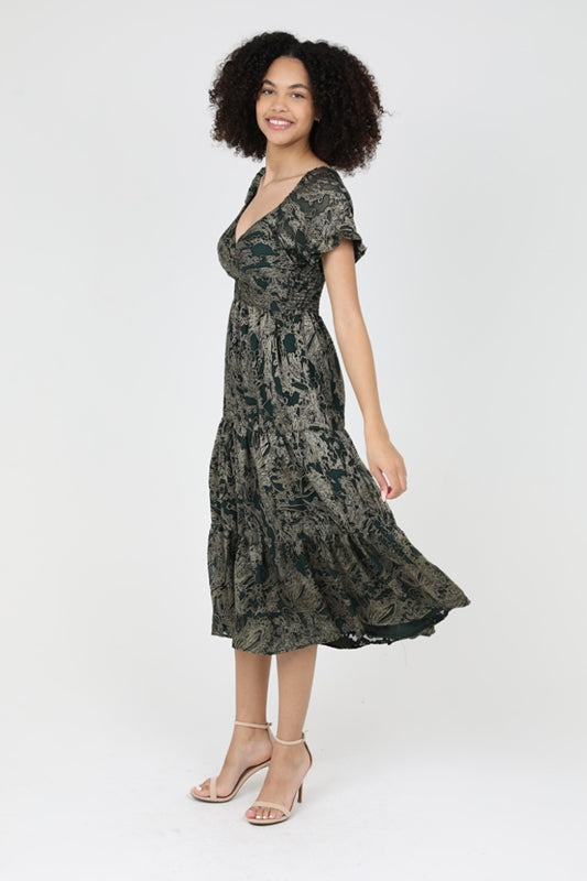 Angie Glamour Sheen Burnout Tiered Midi Dress - Green Gold