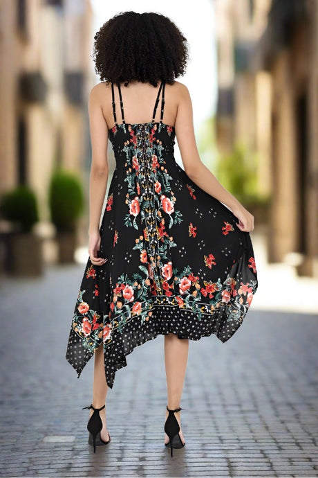 Angie Melanie Floral Dual Strap Handkerchief Dress - Black