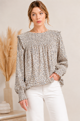 Kori Ruffle Sleeve Smock Yoke Blouse - Taupe Combo