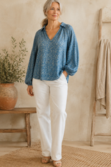 Catherine Lillywhite's Blue Leopard Print Balloon Sleeve Pullover Top