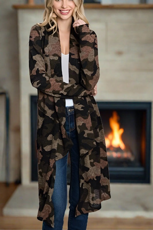 Long Camo Knit Drape Front Cardigan Sweater - Olive Brown