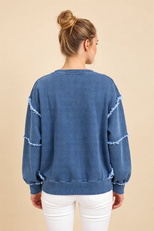 Denim-Style Eyelet Bow Sweatshirt - Dk Denim
