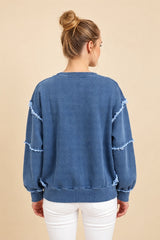 Denim-Style Eyelet Bow Sweatshirt - Dk Denim