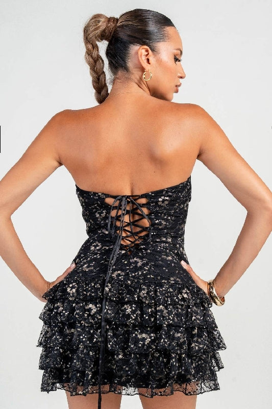 Metallic Lace Corset Waist Ruffles Mini Dress - Black