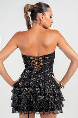 Metallic Lace Corset Waist Ruffles Mini Dress - Black