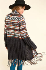 Tribal Shawl Cardigan with Fringe Tassel - Charcoal