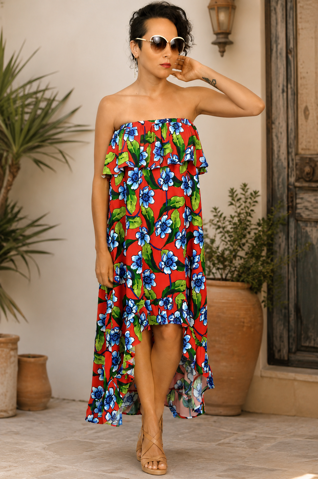 Easel Floral Hi Low Strapless Dress - Red