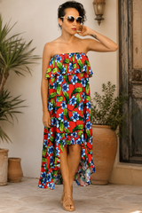 Easel Floral Hi Low Strapless Dress - Red