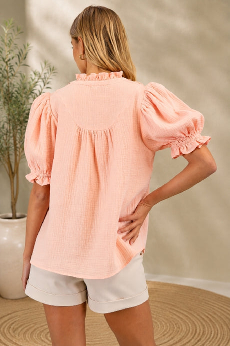 Peach Blouse Embroidered Yoke Ruffle Sleeves - Peach