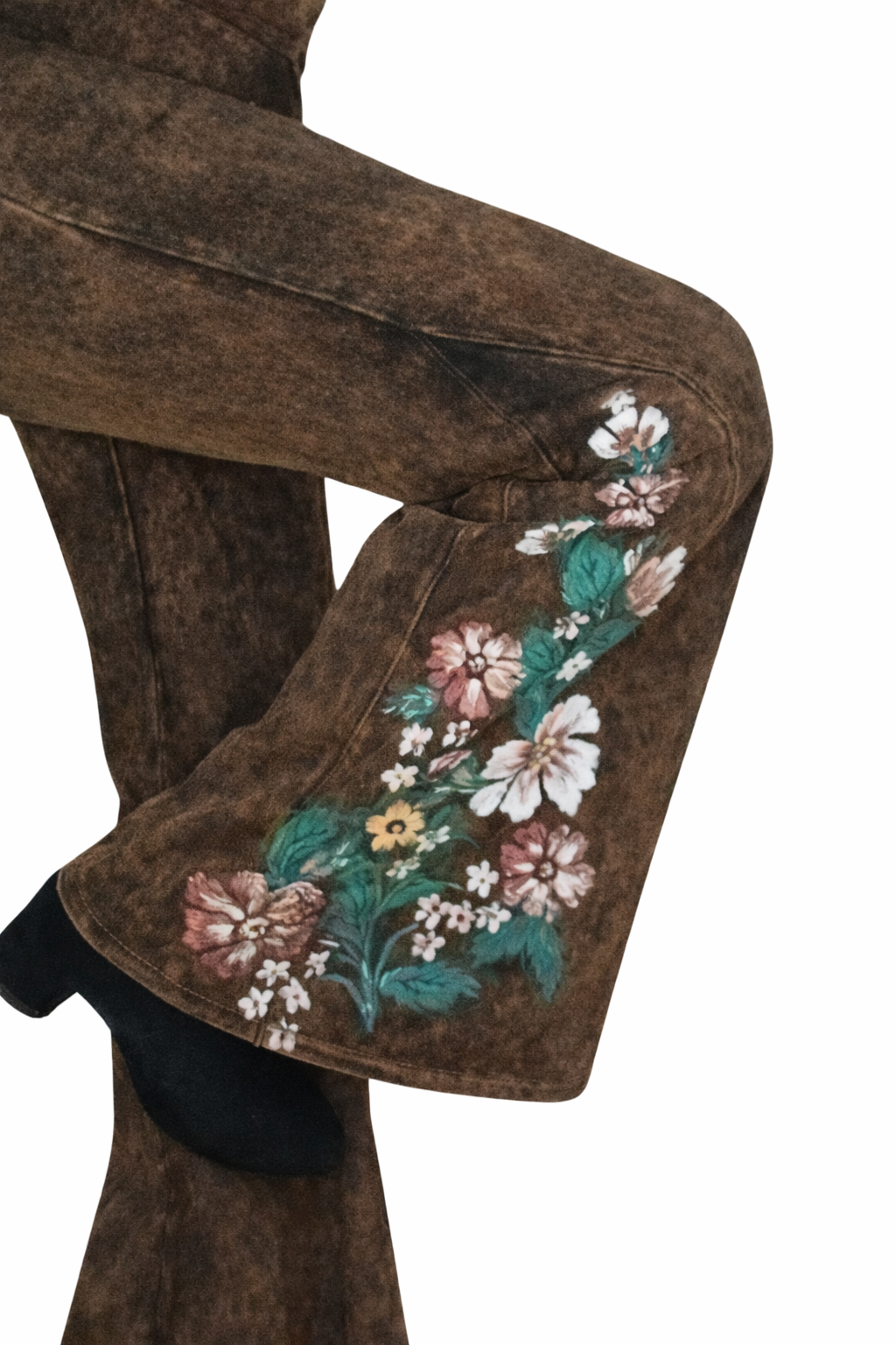 Dexterous Mineral Wash Stamped Floral Yoga Bootcut Bell Pants - Brown