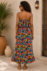 Easel Floral Hi Low Strapless Dress - Red