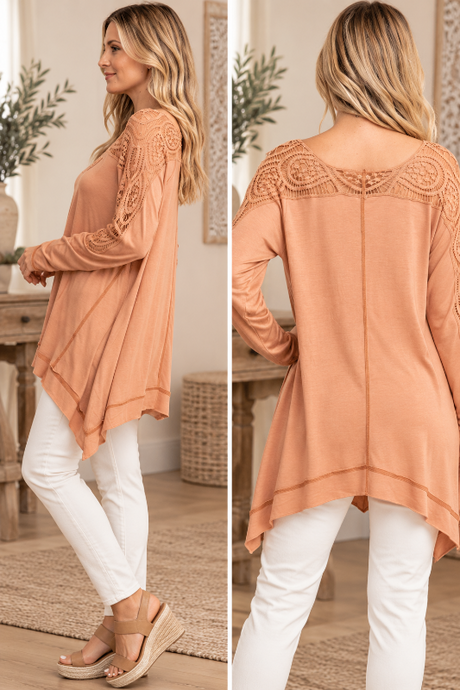 Boho Crochet Yoke Apricot Tunic Top by Kori