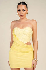 Embroidered Beaded Mesh Cut Out Mini Dress - Yellow