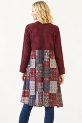 Mystree Burgundy Patchwork Duster Cardigan – Long Sleeve Boho Open Front
