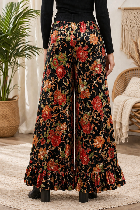Umgee Velvet Floral Ruffle Hem Pants - Red Orange
