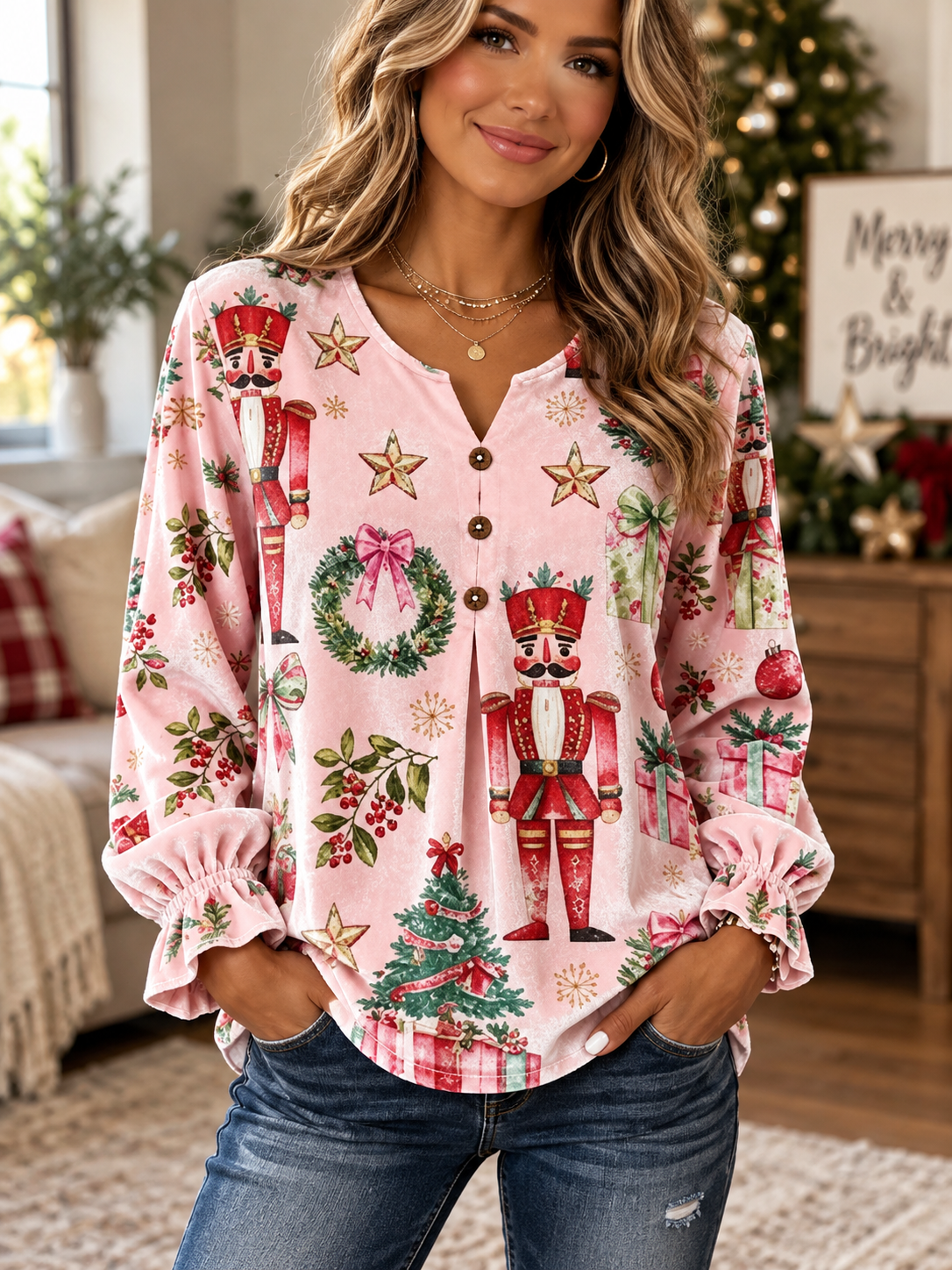 Pink Velvet Christmas Nutcracker Ruffle Sleeve Blouse