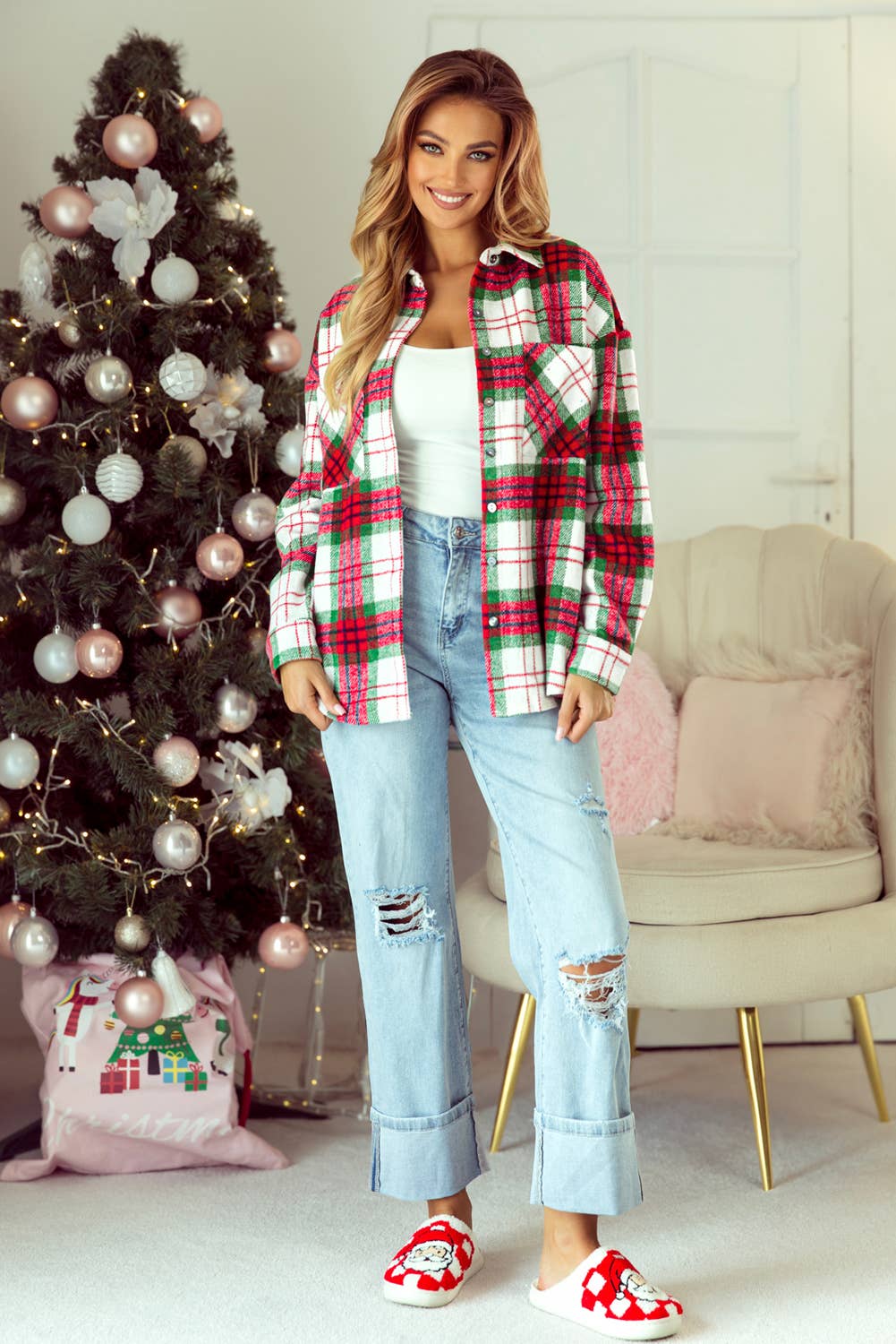 Christmas Plaid Casual Flannel Shacket - Red