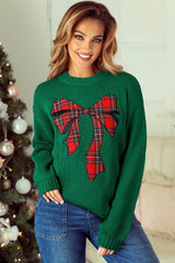 Plaid Bow Graphic Christmas Sweater - Evergreen