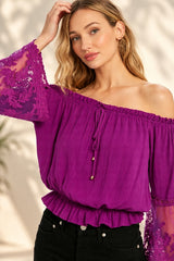 Lace Bell Sleeve Off Shoulder Blouse - Orchid Magenta