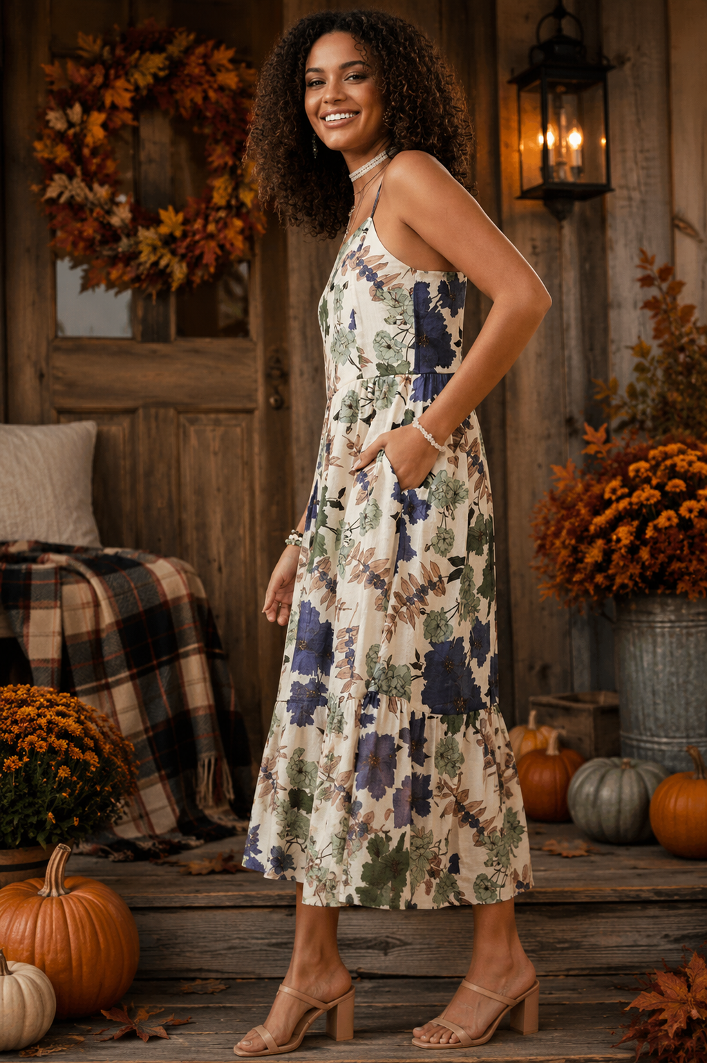 Hayden Smock Back Tiered Tank Midi Dress - Blue Green Mix