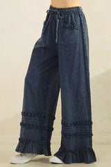 Mittoshop Mineral Wash Ruffle Trim Wide Leg Pants - Blueberry