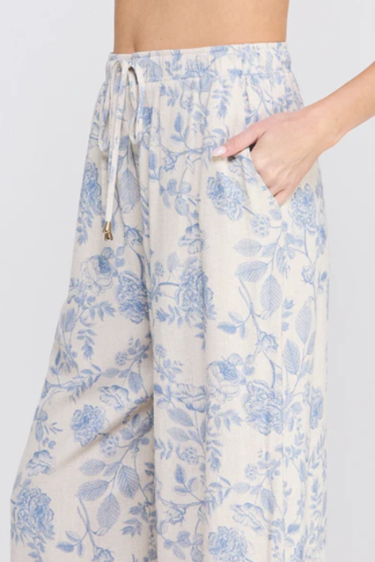Allie Rose Blue Blossom Linen Blend Wide Leg Pants