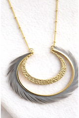 Feather Crescent Circle Necklace - Gray