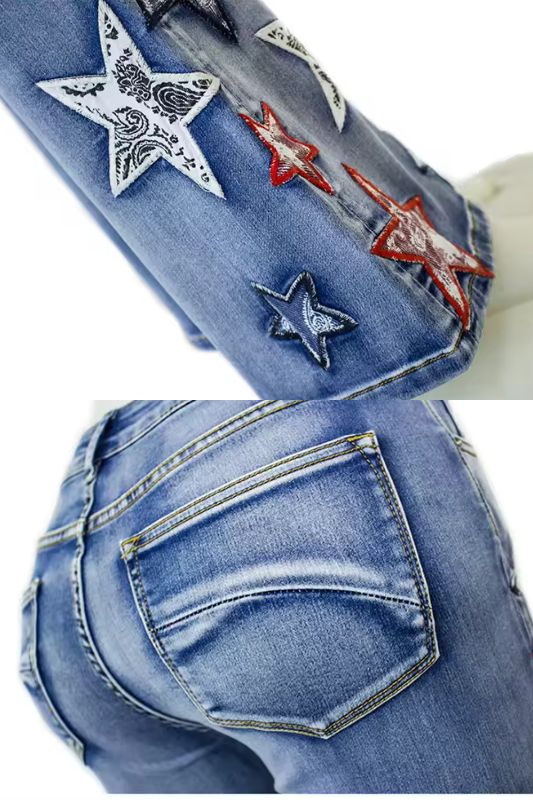 Patriotic Bandana Stars Applique Denim Jeans - Blue Denim