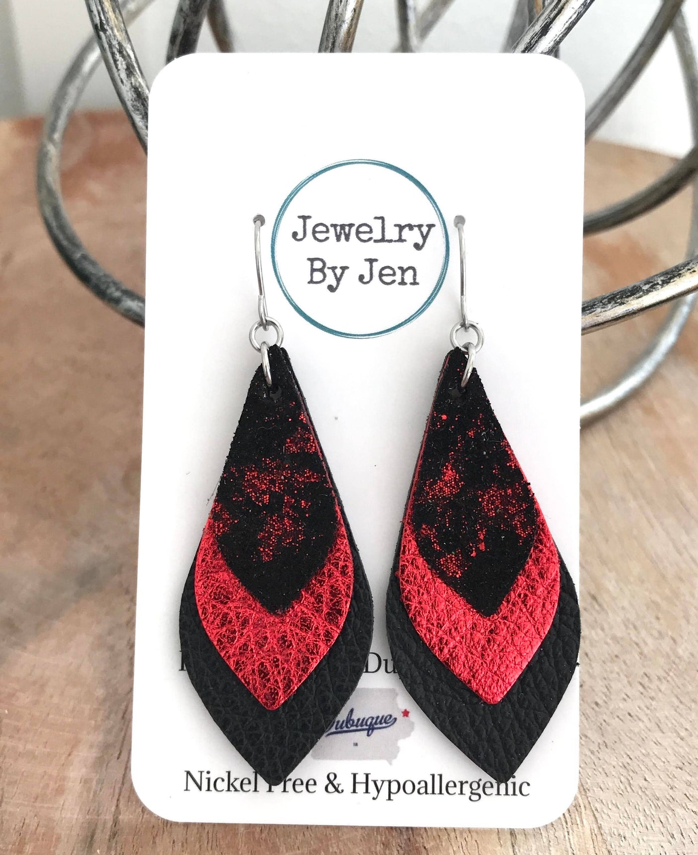 Skinny Layered Teardrop Leather Earrings - Black & Red