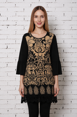 Sassy Bling Damask Scroll Tall Tunic Dress Lace Hem - Mocha/Black