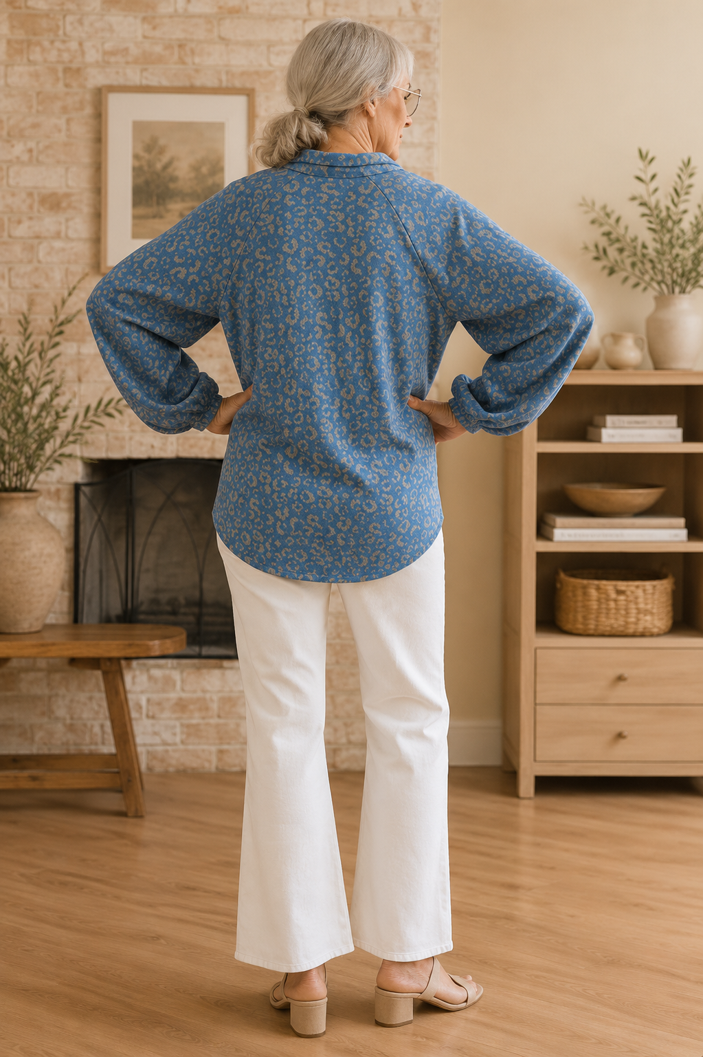 Catherine Lillywhite's Blue Leopard Print Balloon Sleeve Pullover Top