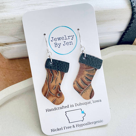 Christmas Stocking Earrings: Brown Western Tooled
