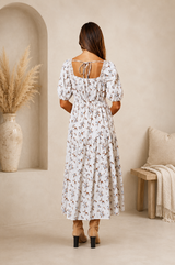 Blu Pepper Swiss Dot Floral Midi Dress with Puff Sleeves – Cream Multi